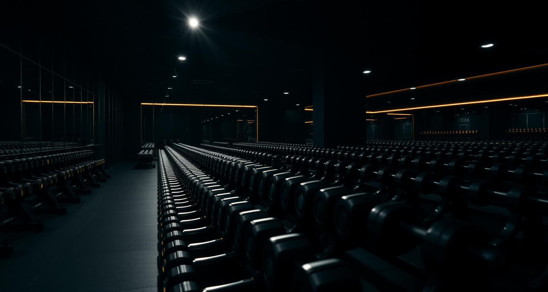 Premium gym interior with rows of dumbbells under dramatic lighting